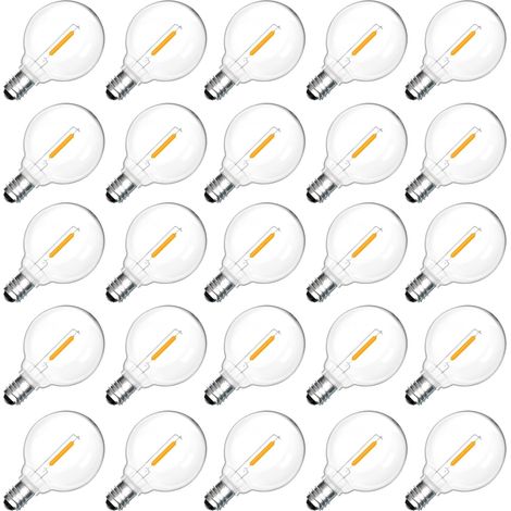 Packung mit 25 G40 E12 1W LED-Ersatzlampen, 1W = 7W Glühlampe, Warmweiß 2700K, 230V, 100LM, IP54 wasserdicht, nicht dimmbar, G40 Kugel-E12-Filament-LED-Lampen für Hochzeiten, Terrassen und Partys