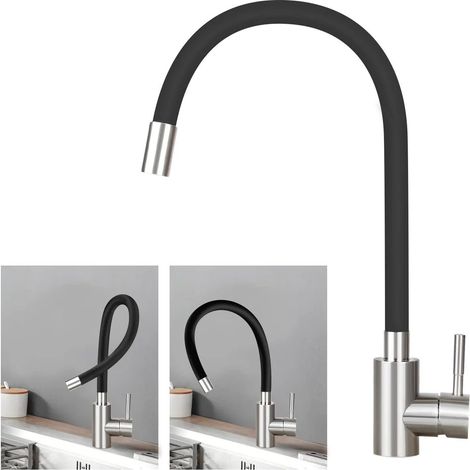 Rubinetto da cucina con maniglia singola Nero - GBLY Rubinetto miscelatore girevole flessibile per lavello da cucina con rotazione a 360° in acciaio inossidabile (1/5)