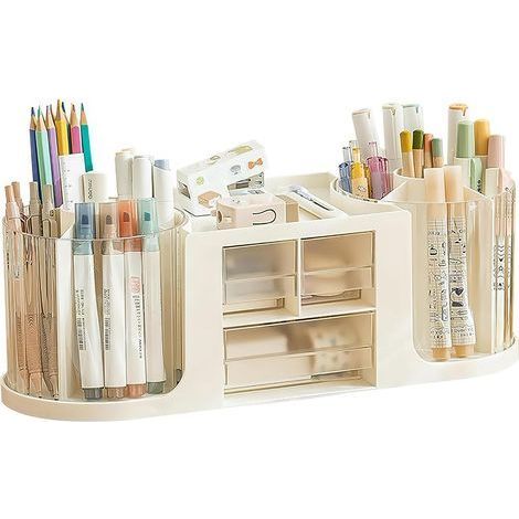 Stiftehalter-Aufbewahrungsbox, doppelt drehbarer Schreibtisch-Organizer mit 14 großen Fächern, transparenter Schublade, bietet Platz für Stifte und verschiedene Schreibwaren (weiß) (1/5)