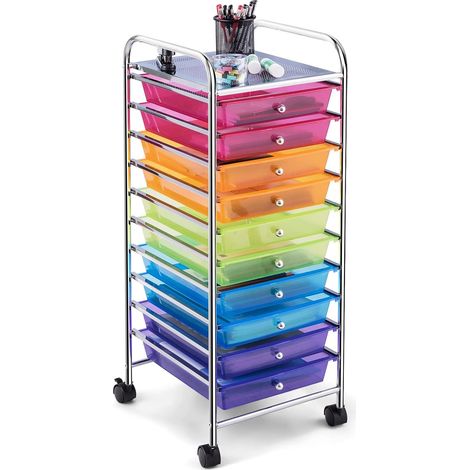 GOPLUS Chariot de Rangement 10 Tiroirs à roulettes, Tour de Rangement à roulettes, Tiroirs en Plastique&Cadre en Acier, pour Chambre, Bureau, 37x33x86CM (Multicolore Transparent) (1/5)