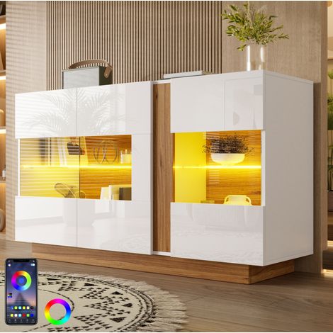 Sideboard (120x38x80 cm), mit 3 Acryl-Türen, 2 Ablageflächen, LED-Beleuchtung, Spanplatte, Weiß Natur (1/5)