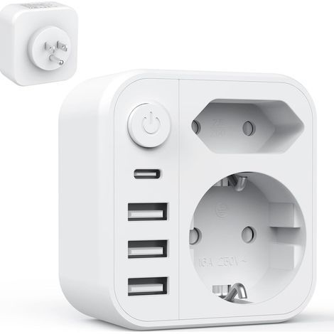 Prise Multiple 6-en-1, Multiprise avec 2 Ports USB A & USB C, Prise Murale avec Interrupteur (4000W/16A), Double Prise (1/5)
