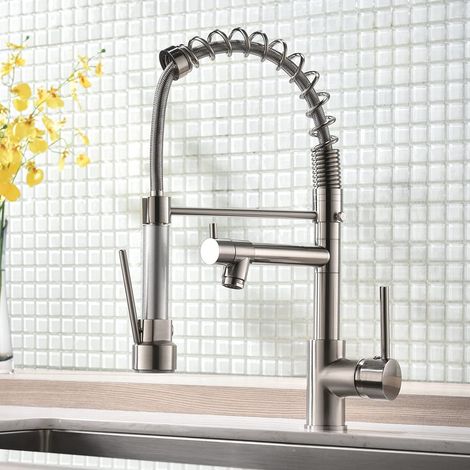 Robinet Cuisine 2 en 1 avec Douchette et Bec Mobile Mitigeur Évier Nickel Brossé Bec Rotatif 360° Pulvérisateur Détachable et Télescopique (1/4)