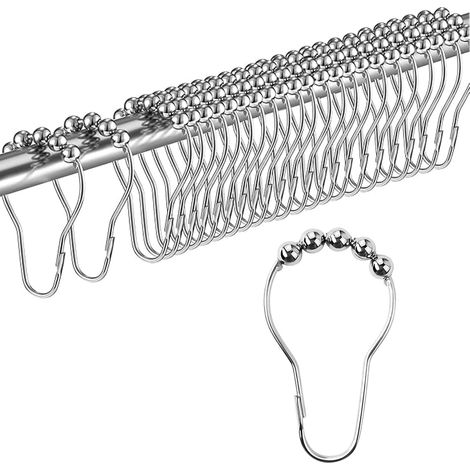 Set of 24 Curtain Rings, Shower Curtain Hooks, Silver Curtain Hooks, Beads with Gliding Mechanism, for Bathroom, Living Room, Bedroom, Kitchen (1/5)