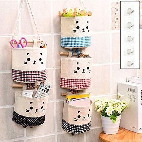 5 Pcs Joli Sac de Rangement Suspendu, Imperméable en Coton Jute Panier Pochette de Rangement, Sacs Organisateur pour Chambre Salle de Bain Cuisine (1/5)
