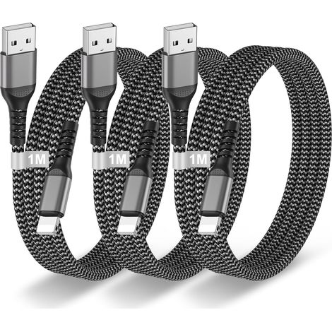 Lot de 3 Cable Chargeur pour Apple iPhone,1M Certifié Mfi Câble iphone Nylon Cordon Cable Pour iPhone 14/13/12/11/Pro Max/x/8/7/6/5/Se,iPad, 2.4A USB Fil i phone Charge Rapide (1/5)