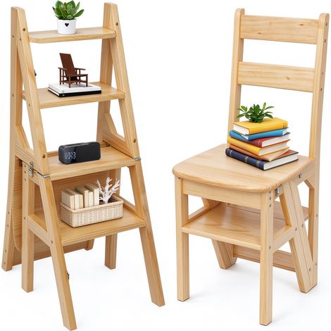 Chaise pliante en bois de pin – Escabeau 2 en 1 avec 4 marches – Étagère multifonctionnelle – Charge jusqu'à 100 kg – Pour bibliothèque, chambre, garde-manger, cuisine et bureau (1/5)