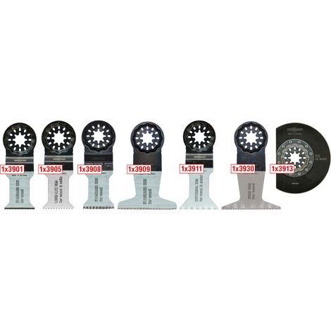 Set di lame oscillanti MPS da 7 pezzi, progettate per legno e metallo.