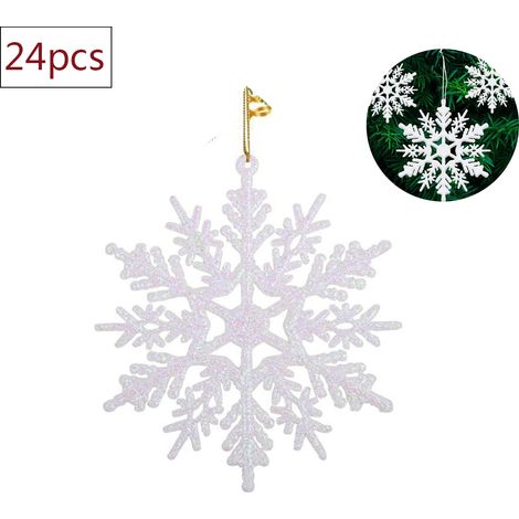 24 Décorations de Noël, Flocon de neige, Paillettes blanches, Cordon inclus, Pour sapin et maison (1/5)