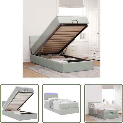 vidaXL LED-Beleuchtung - Ottoman-Bett mit Matratze & LEDs Hellgrau 100x200 cm Samt (1/5)