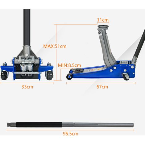 Cric hydraulique 3 tonnes levage rapide, double piston, roues en acier, pour camion tout-terrain double roue (sans support), bleu et argent.