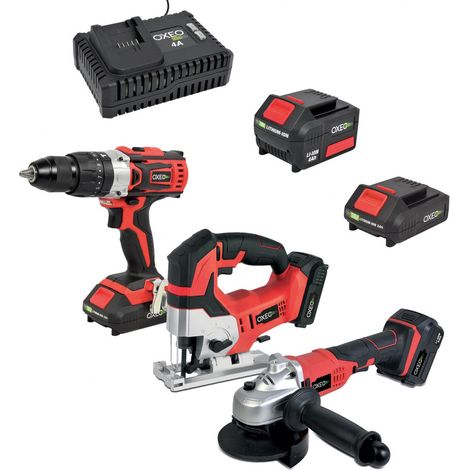 Ensemble essentiel Bricolage Easy Full 18V : Perceuse / Meuleuse / Scie sauteuse avec chargeur et batteries 4Ah/2Ah (1/5)