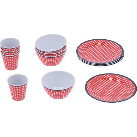 Service de table 12 pièces en mélamine, comprenant tasse, bol et assiette, avec motif quadrillé rouge, idéal pour la cuisine et le restaurant. (1/5)