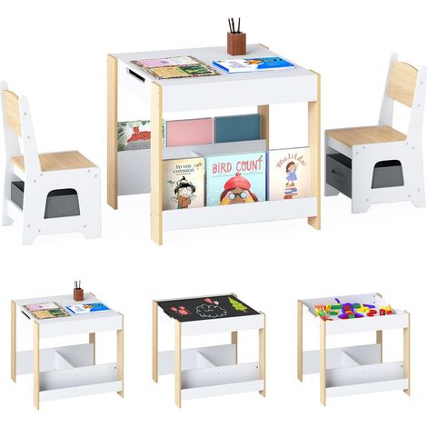 COSTWAY 4 en 1 Table Enfant avec 2 Chaises & Tableau Blanc & Tableau Noir Réversible, Table d'Activités avec Bibliothèques & 2 Bacs en Tissu, Bureau Enfant de 3 Ans+, Charge 50/70 kg (Naturel)