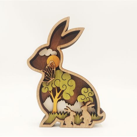 Lampe lapin en bois gravée au laser en 3D, ornement lapin en bois, objet artisanal en bois, convient à la décoration de la maison et du bureau. (1/5)