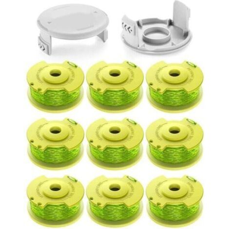 11 bobines de fil 2.0mm pour coupe-bordures Ryobi One+ 18V/24V/40V. Longueur 3.4m, compatible AC14RL3A. Inclut 9 bobines, 2 couvercles. (1/4)