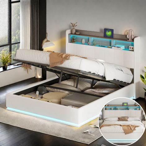 Lit Coffre Double 160x200 cm avec LED et Port USB Type C, Lit Adulte Rembourré avec Sommier, Tete de lit avec Rangement, 2 personnes, Tissu Velours, Blanc (1/5)