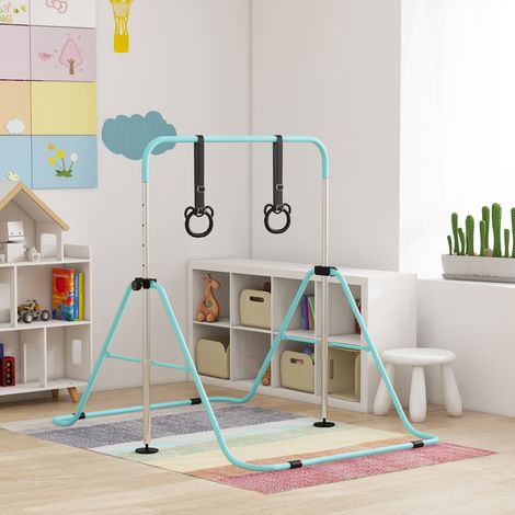 Barres parallèles pour enfants, barre horizontale pliable à hauteur réglable et anneaux de gymnastique, cyan (1/5)