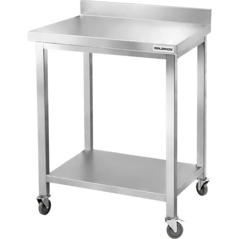 Table de travail en inox Bar 500x500 mm avec 1 étagère inférieure et dosseret sur roulettes PREMIUM - GOLDINOX (1/2)