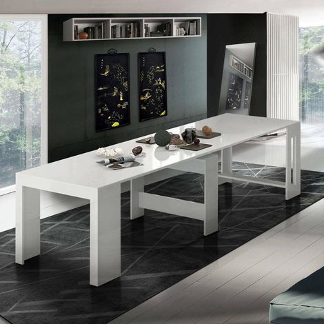 Console extensible Martino, Console extensible jusqu'à 12 places, Table avec supports d'extension, 51/300x90h77 cm, Blanc brillant (1/5)