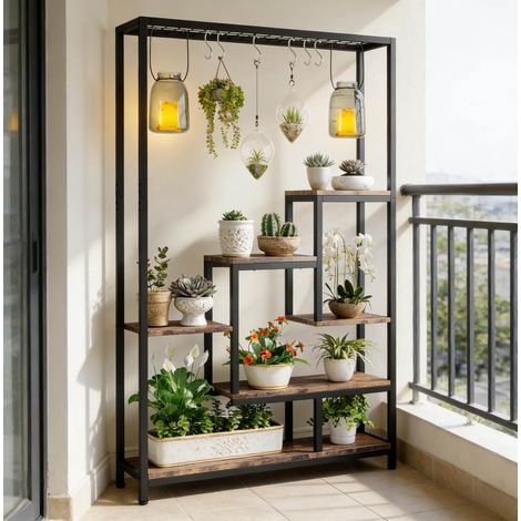 Estantería para plantas 7 niveles 80x30x160 cm negro en metal y madera con diseño escalera y ganchos (1/5)