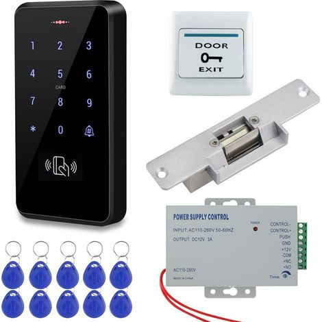 1 Kit contrôle accès RFID IP68,clavier tactile 3000 utilisateurs,serrure électrique NC acier,alimentation 12V,bouton sortie,10 porte-clés EM4100,extérieur