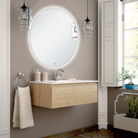 Meuble de salle de bain simple vasque - 1 tiroir - bambou (chêne clair) - PENA et miroir rond Led SOLEN - 80cm (1/5)