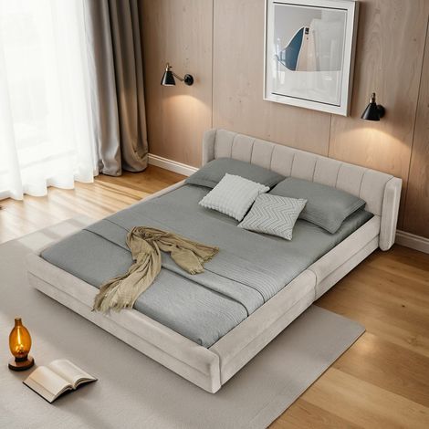 Lit double 160x200cm - Lit adulte Queen Size rembourré avec dossier ergonomique confort - Style Scandinave - Chenille Beige (1/5)