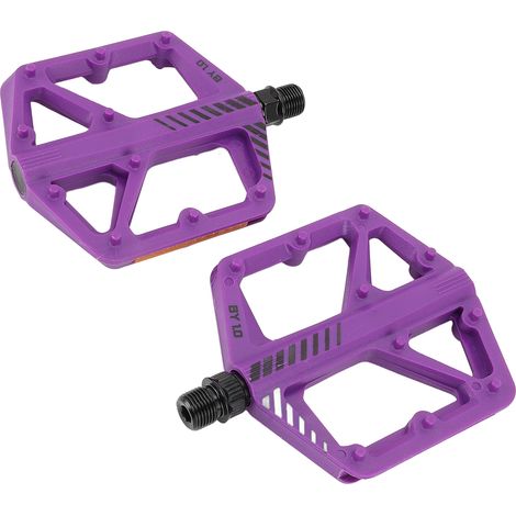 Pédales de vélo de route plates violettes avec axe en acier au bore, revêtement en fibre de nylon antidérapant et cranté. (1/5)
