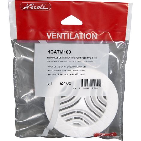 Nicoll – Grille aération ronde simple D.100 pour tube PVC – Débit max 200m3/h – Installation facile – Pour ventilation VMC