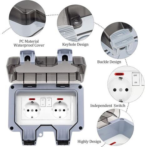 Prise Exterieure Etanche IP66 Double Prise de Courant et Volet de Protection Multiprise Electrique Murale de Jardin, Prise Anti-Poussière et Coupe-Vent avec Interrupteur, Voyant Lumineux - RWAutre acc (1/5)