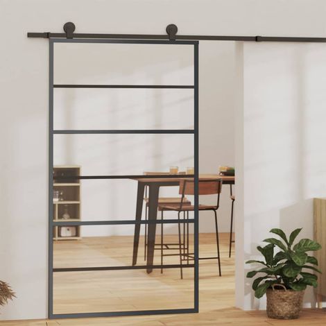 Porte coulissante Verre ESG et aluminium 102x205 cm Noir (1/5)