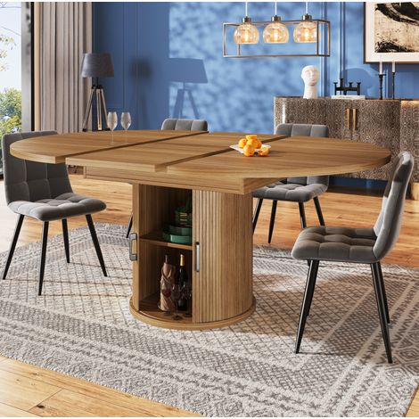 Table à manger ronde 118x118×76.8cm extensible pour 4 à 6 personnes avec rangement, table de cuisine de salon, 1 étagère et 2 portes, MDF,marron clair (1/5)