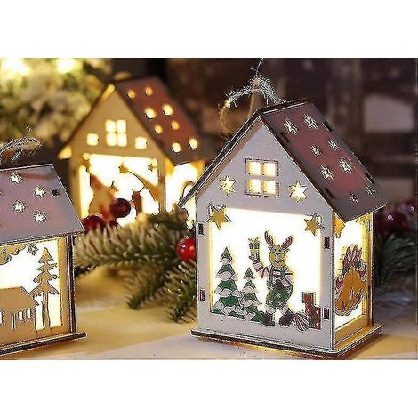 Weihnachtsdekorationen, weihnachtliche Holzhäuser mit Lichterketten, Weihnachtsbaumanhänger, Weihnachtsgeschenke (2 Stück) (1/3)