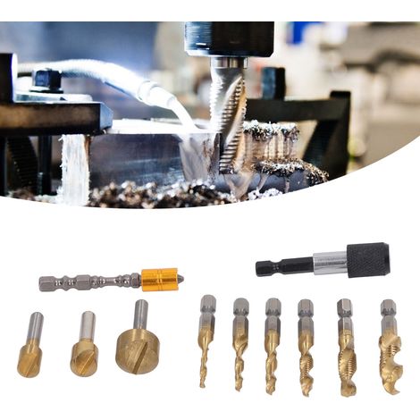 Ensemble d'accessoires pour outils électriques de 11 pièces, comprenant des embouts de tournevis, des rallonges à dégagement rapide, des tarauds et des outils de chanfreinage. (1/5)