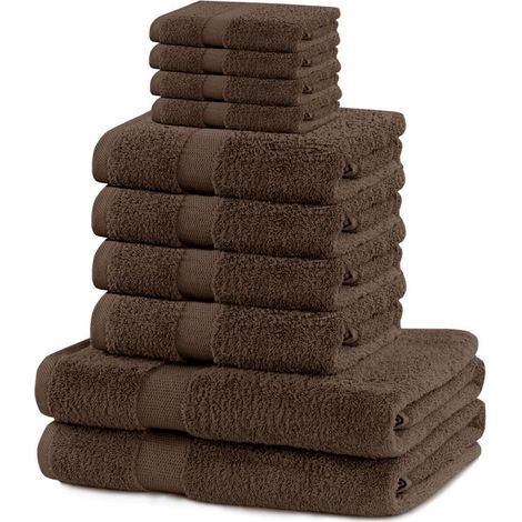 4 serviettes mains 30x50 cm, 4 serviettes bain 50x100 cm, 2 draps bain 70x140 cm brun coton doux salle de bain