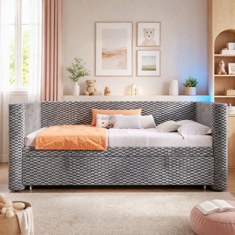 Diván cama extraíble 90 x 200 cm de terciopelo gris con luces LED, somier de láminas, sin colchón (1/5)