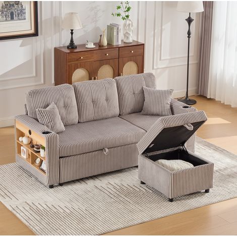 Sofa aus Cord in Hellgrau 196 cm, ausziehbar mit Stauraum, USB-C und LED-Beleuchtung (1/5)