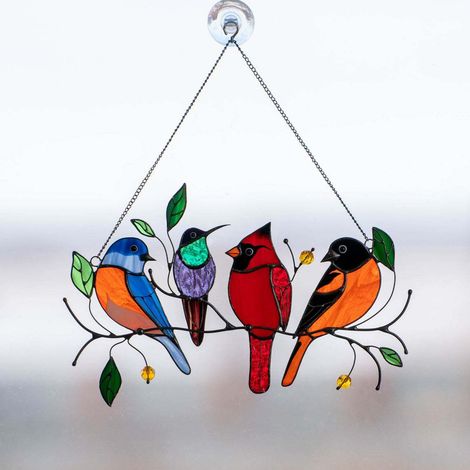 Sollbry Adornos para ventana con pájaros en una rama, pájaros acrílicos de colores sobre un alambre, adornos colgantes para ventanas y hogar. (1/5)