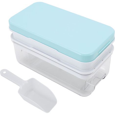 Bac à glaçons silicone 64 cubes avec couvercle et pelle, bac de stockage 2 niveaux, libération facile, bleu, 26x13.5x15cm (1/5)