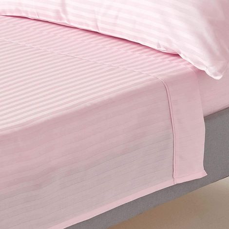 HOMESCAPES Drap plat rayé satin de coton égyptien 330 fils coloris rose 180 x 290 cm (1/5)