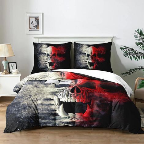 Ensemble de literie 3 pièces tête de mort 200x200 cm avec 2 taies d'oreiller 65x65 cm, microfibre imprimée 3D