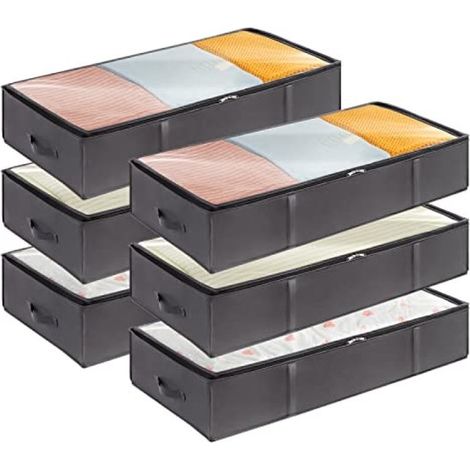 Set di 6 scatole portaoggetti da riporre sotto il letto - Contenitori capienti con maniglie e finestra trasparente - Grigio (1/5)