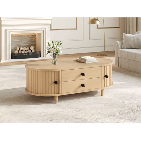 Table basse à effet bois clair en MDF 100 x 50 x 36 cm avec portes tambour, 2 tiroirs et pieds en bois massif, pour salon et séjour (1/5)