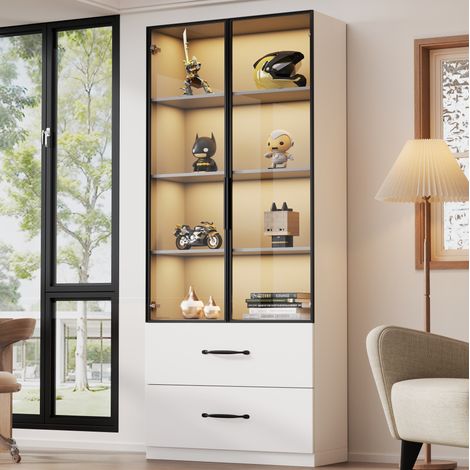 LED Vitrinenschrank 60x40x160 cm, mit zwei Glastüren, 2 Schubladen, Soft Close Scharnieren, Spanplatte, Weiß (1/5)