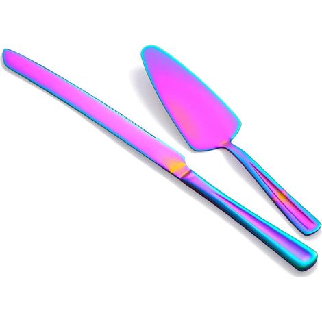 Couteau et serveur à gâteau arc-en-ciel, set de découpe de gâteau coloré en acier inoxydable pour mariage, anniversaire, fête (1/5)