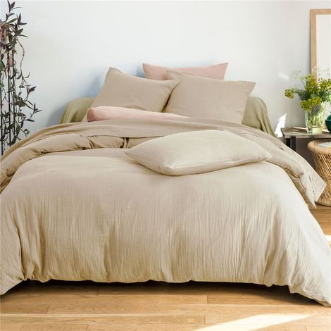 Parure de lit 240 x 220 cm en gaze de coton + 2 taies - Angelia Sable (1/5)