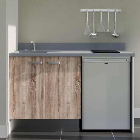 Kitchenette K17L - 140 cm - plan monobloc évier intégré Cromo- évier à gauche - Façades Bois + Electroménager inclus coloris Inox