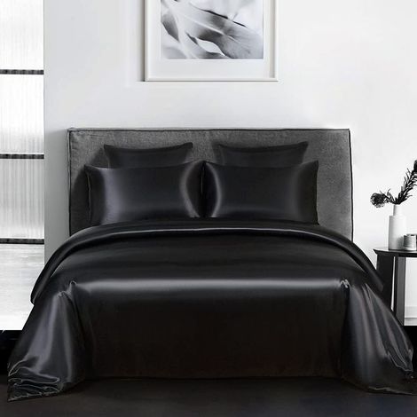 dreiteiliges Bettwäscheset: Bettbezug 240 x 260 cm, 2 Kissenbezüge 65 x 65 cm, schwarzer Satin, Erwachsenengröße (1/4)