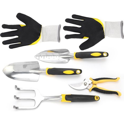 Kit d'outils de jardinage 5 pièces comprenant une bêche à transplanter et un sécateur avec tête robuste en fonte d'aluminium (1/5)